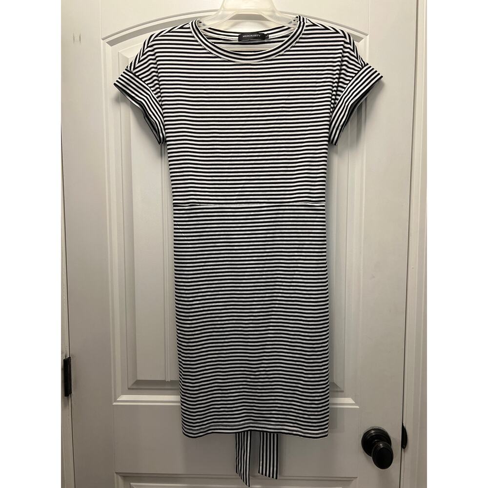 Merokeety Women’s Crew Neck Short Sleeve Striped Casual Dress Size L Black White